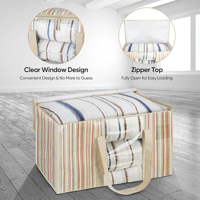 BALEINE 2-Pack Oversized Moving Bags with Reinforced Handles, Heavy-Duty Storage Tote for Clothes, Moving Supplies (Color Stripe with Window, 2-Pack)-NeatNest