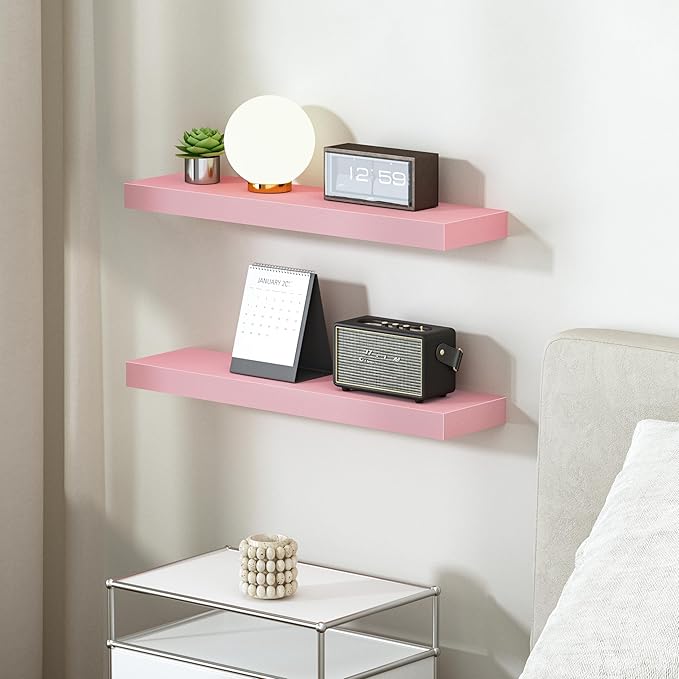 BAMEOS Pink Floating Shelves for Wall, 24" x 6" Wall Shelves for Room, Floating Book Shelves, Hanging Shelves for Bedroom, Bedroom, Living Room, Kitchen (Set of 2)-NeatNest
