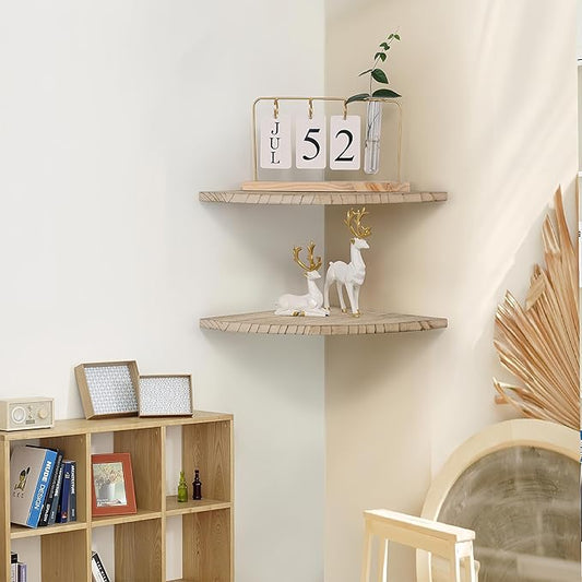 Corner Wall Shelves Set of 2, Rustic Wood Corner Floating Shelves with Cable Raceway, Wall Mount Storage Display for TV Accessories, Baby Monitor (Carbonized, Fan-shaped-10 Inch)-NeatNest
