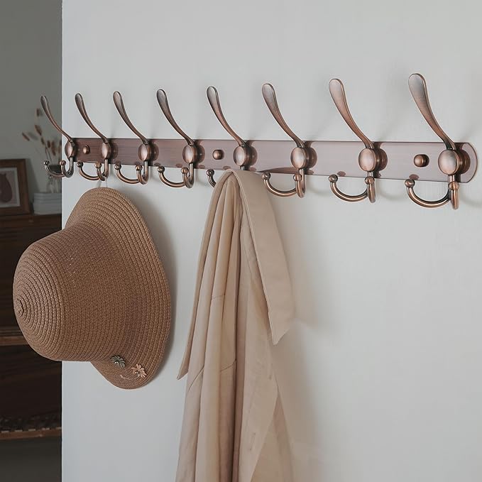 Dseap Coat Rack Wall Mount - 29.5” Long 8-Tri-Hooks Heavy Duty Coat Hanger Rail Wall Hooks for Hanging Coats Hats Clothing Clothes Purse Mudroom Entryway, Red Antique Copper-NeatNest