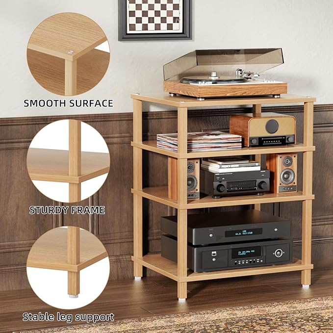 4-Tier AV Media Player Stand, Natural Stereo Cabinet, Modern Audio Shelf, Wooden TV Stand,Game Console Shelf, Multifunctional Entertainment Center, Suitable for Home, Conference Room, Game Studio-NeatNest