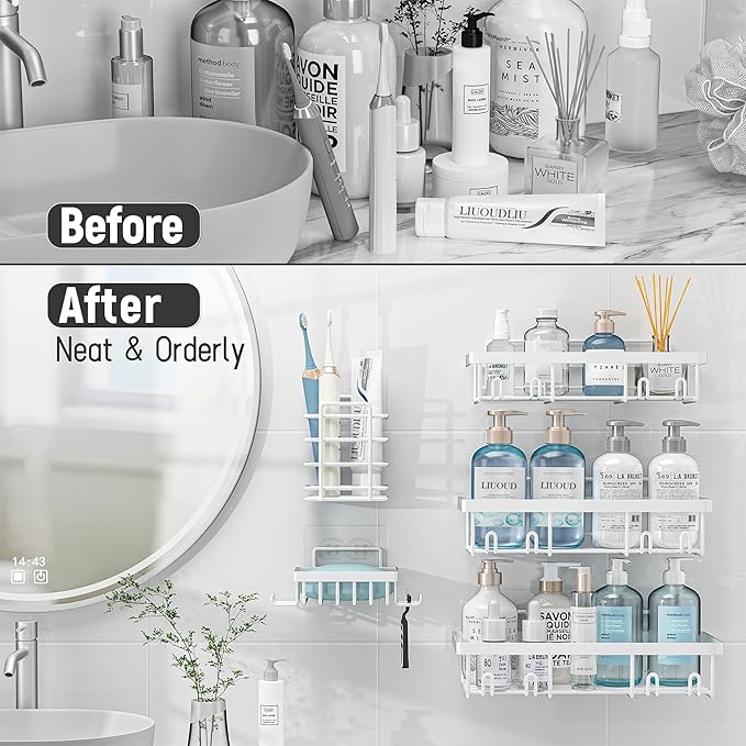 10 Pack Shower Caddy Organizer Rack Shelf for Inside Shower, Self Adhesive Wall Storage Basket Rustproof Stainless Steel Shampoo Holder Bathroom Accessory Decor Set, White-NeatNest