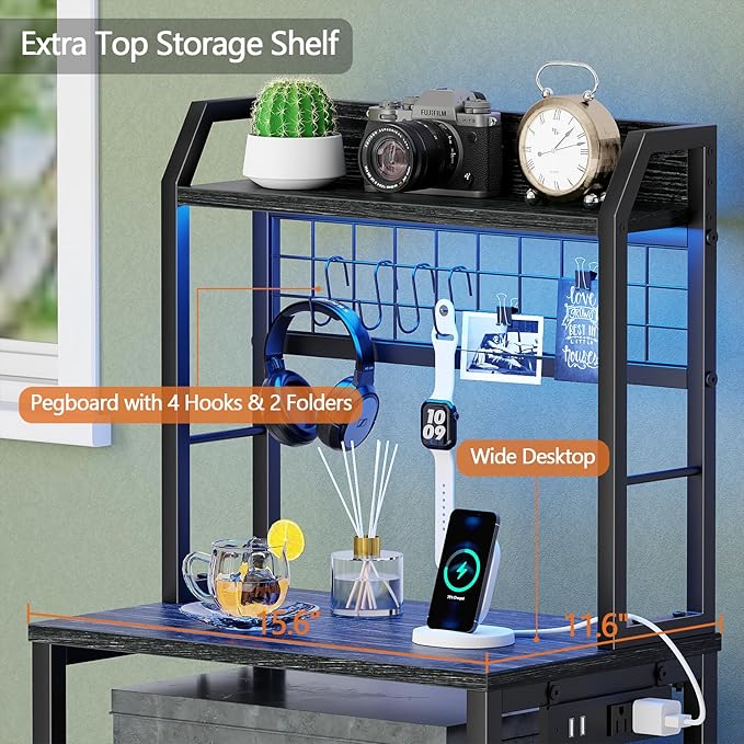 Furologee 44'' Tall Nightstand with Charging Station, Bedside Table with LED Lights, End Table with 3 Drawers and Storage Shelves, Night Stand with Pegboard for Bedroom, Black Oak