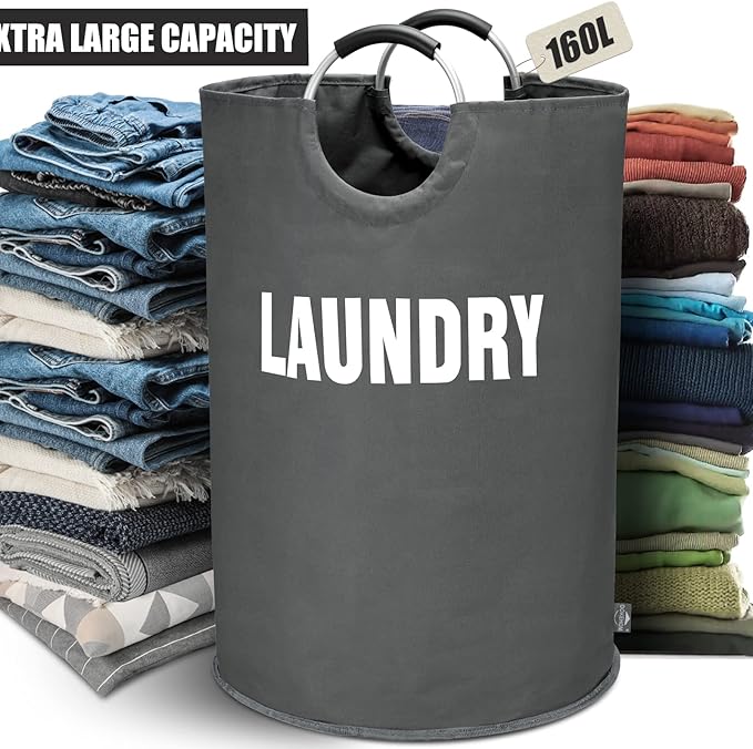 DOKEHOM 160L XX-Large Laundry Basket (7 Colors), Collapsible Laundry Bag, Foldable Laundry Hamper, Folding Washing Bin (Dark Grey, XXL)-NeatNest
