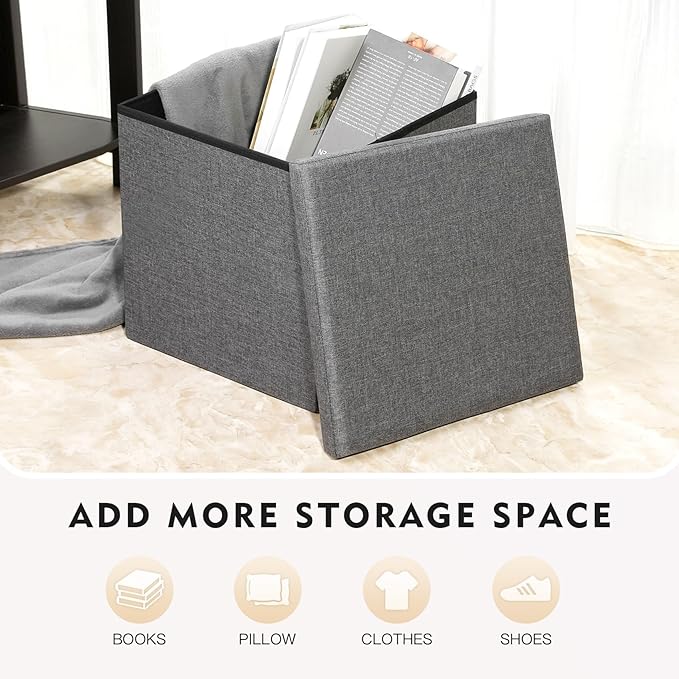 B FSOBEIIALEO Storage Ottoman with Tray, Small Ottomans Cube Folding Coffee Table Foot Stool Footrest Seat, Dark Grey Linen 16"X15.7"x15"-NeatNest