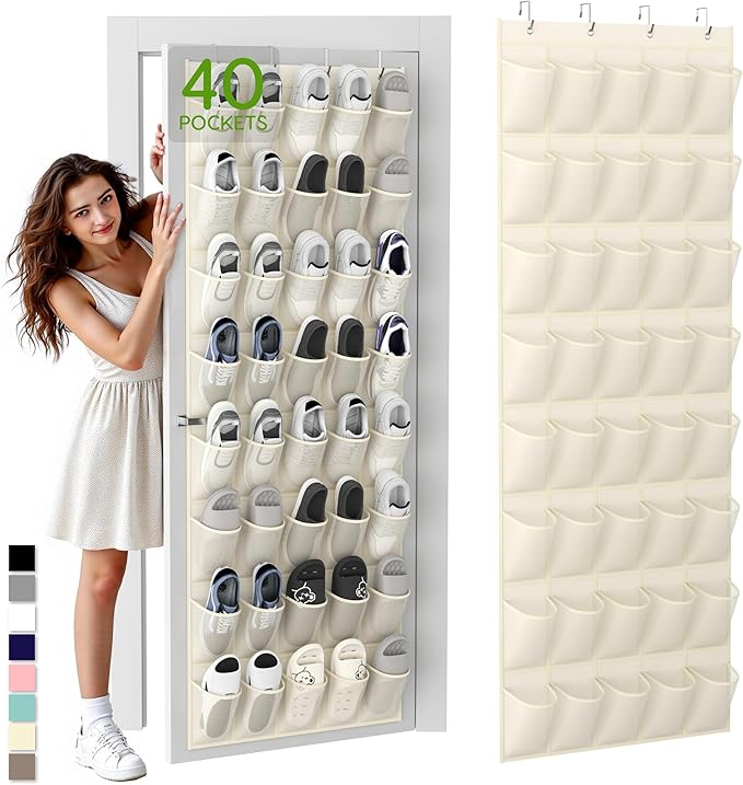 Unjumbly Over the Door Shoe Organizer with 40 Large Breathable Mesh Pockets, Space Saving Shoe Holder, Hanging Shoe Rack for Entryway Bedroom Closet Storage (Beige, 40 Pockets)-NeatNest