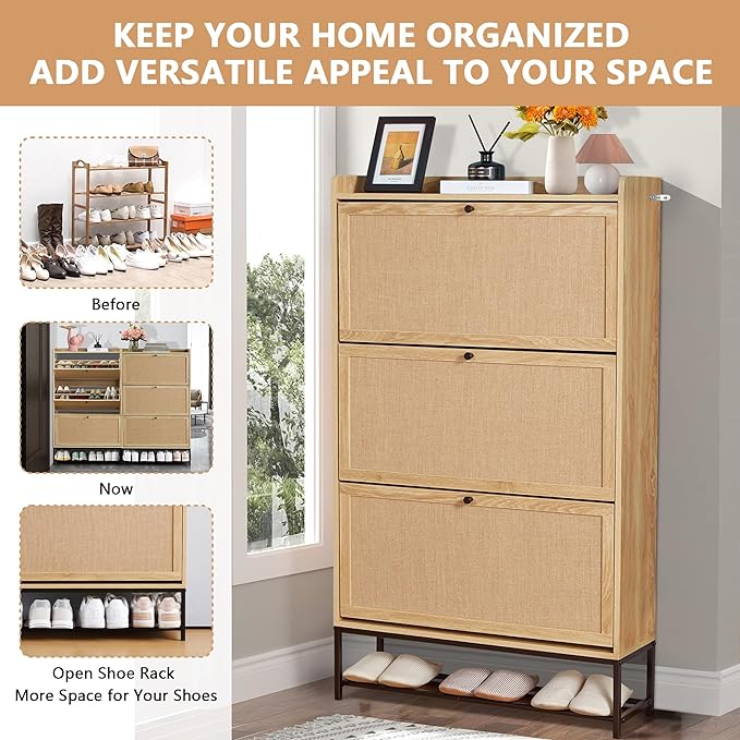 LEVNARY Shoe Storage Cabinet with 3 Flip Drawers, Freestanding Shoe Cabinet Storage Organizer for Entryway, Wooden Narrow Shoe Racks Cabinet with Metal Legs for Hallway (Natural Oak)-NeatNest