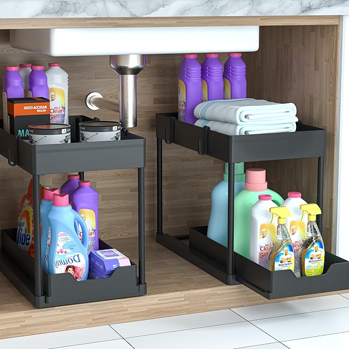 Under Sink Organizer 2 Pack, Bathroom Cabinet Organizer, 2 Tier Sliding Cabinet Basket Organizer Drawer, Multi-Purpose Bath Collection Baskets for Bathroom (Black)-NeatNest