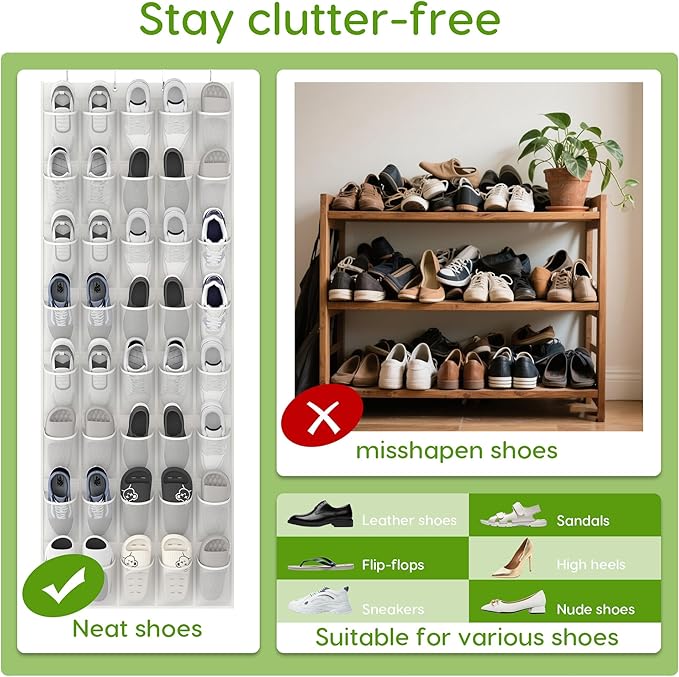 Unjumbly Over the Door Shoe Organizer with 40 Large Breathable Mesh Pockets, Space Saving Shoe Holder, Hanging Shoe Rack for Entryway Bedroom Closet Storage (White, 40 Pockets)-NeatNest