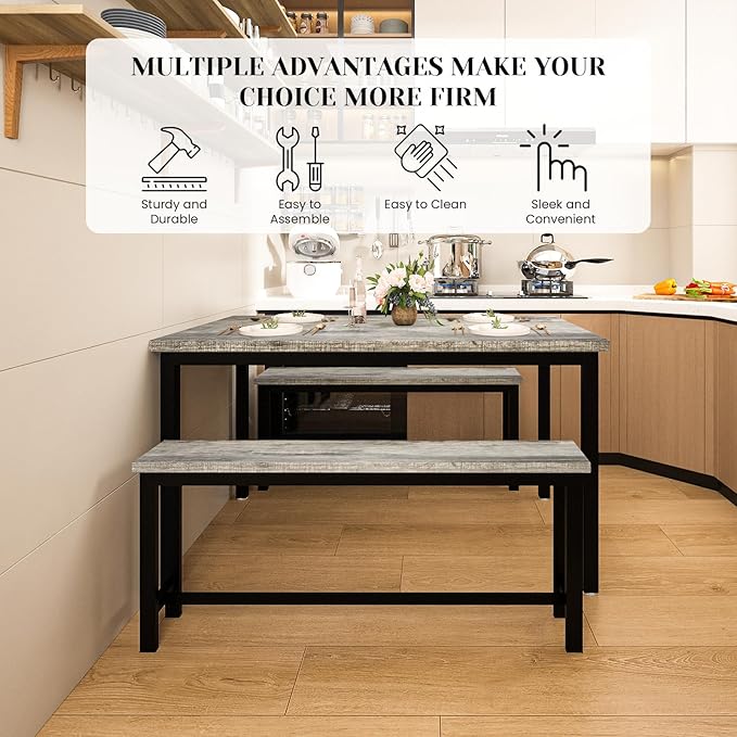 DKLGG Dining Room Table Set for 4, 47" Farmhouse Dining Table with Benches 3 Pieces Rectangular Kitchen & Dining Room Sets for Small Space, Restaurant, Apartment, Grey & Black-NeatNest