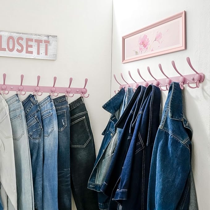 Dseap Coat Rack Wall Mount - 29.5” Long 8-Tri-Hooks Heavy Duty Coat Hanger Rail Wall Hooks for Hanging Coats Hats Clothing Clothes Purse Mudroom Entryway, Pink-NeatNest