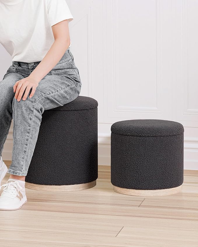 B FSOBEIIALEO Storage Ottoman Round Boucle Ottomans with Tray, Set of 2 Teddy Foot Rest Ottoman Cube with Storage for Living Room, Dark Grey 15"x15"x16.9"
