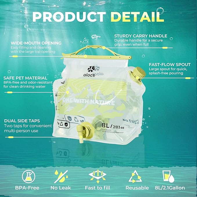 Alocs 2025 Upgrade Emergency Water Storage Bag, BPA-Free Collapsible Water Bottles Bag, 2.1 Gallon Water Jug with Dual-Tap, 2 Pack Camping Water Container for Hiking, Travel, Survival & Outdoor