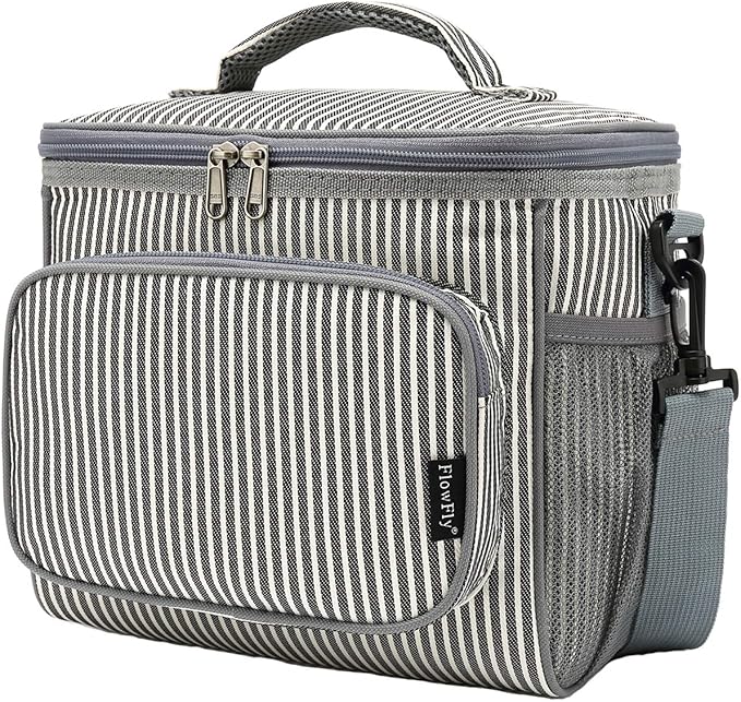 FlowFly Insulated Reusable Lunch Bag Adult Large Lunch Box for Women and Men with Adjustable Shoulder Strap,Front Zipper Pocket and Dual Large Mesh Side Pockets,Stripes-NeatNest