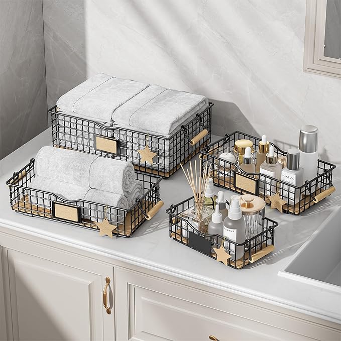 Bathroom Tray and Organizer Basket, 4 Pack Storage Baskets with Wooden Handles, Multipurpose for Bathroom, Coffee Bar, Kitchen cabinet, Living Room - Black-NeatNest