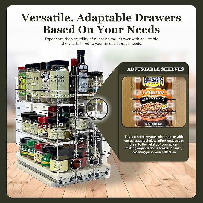 Vertical Spice Adjustable Spice Rack Drawer - Pull Out Cabinet Organizer - Kitchen and Pantry Organizers and Storage - Spice Caddy - 3 Drawers, 5 Upper Tier (6.9" W x 11.25" H x 10.6", Cream)
