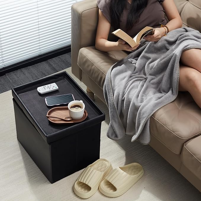 AmasSmile Storage Ottoman Folding Foot Rest Stool, Leather Footstool Bench, Short Ottoman Stool, Storage Foot Rest Store, Books (Black-2pc, 17" D x 13" W x 13" H)-NeatNest