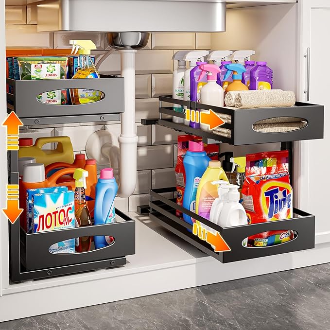 Under Sink Organizer, 2 Tier Under Sink Organizers and Storage, Adjustable Height, Slide Out Metal Cabinet Organizers, Pull Out Cabinet Storage Drawer Shelf for Kitchen Bathroom Black, 2 Pack-NeatNest