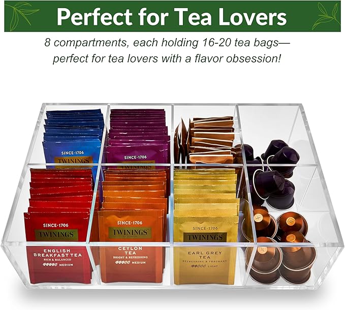 Acrylic Tea Bag Organizer - Clear Tea Storage Box, K Cup Coffee Pods Holder with 8 Compartments, Tea Station Organizer for Countertop, Modern Tea Display Stand-NeatNest