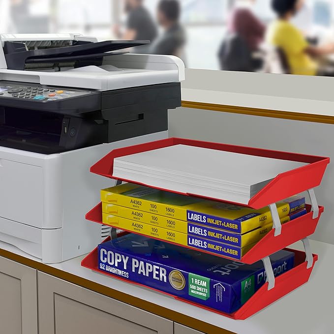 Acrimet Facility 4 Tier Letter Tray, Side Load, Letter Size/A4, Desktop File Organizer, Plastic (Solid Red)-NeatNest