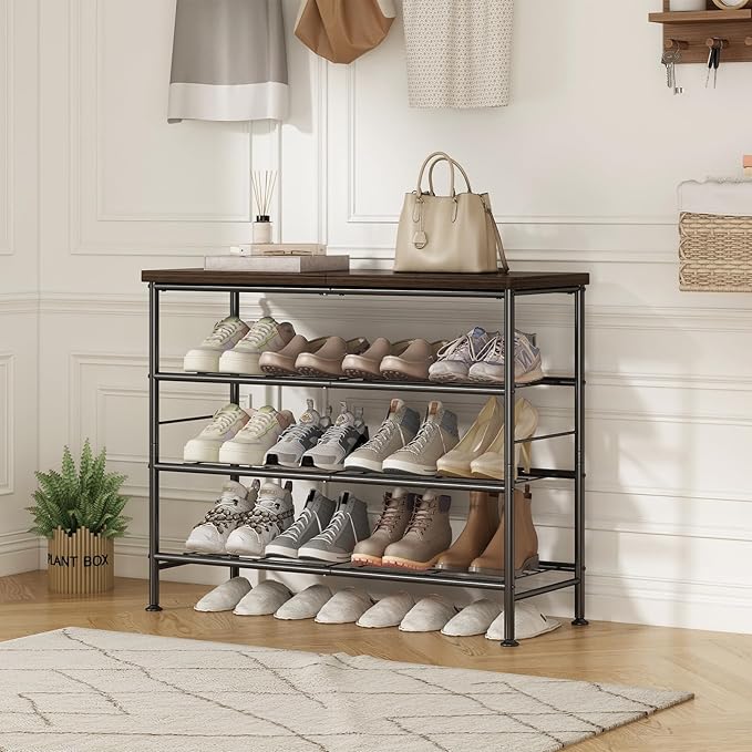 Shoe Rack Organizer 4 Tier for Closet Entryway Free Standing Metal Storage Shoe Shelf with MDF Top Board,Black-NeatNest