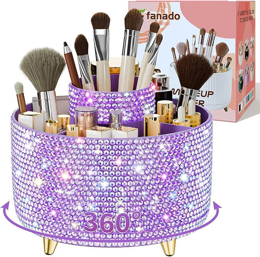 Bling 360° Rotate Makeup Brush Holder Organizer, Makeup Organizers Countertop, Makeup organization and Skincare Storage for Vanity, Gift for Women Girls (Bling dz-Purple)-NeatNest