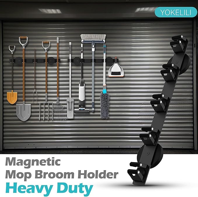 Magnetic Mop Broom Holder, Strong Non Slip Magnetic Broom Mop Hanger, Heavy Duty Magnetic Hooks For Hanging Shovel Rake Tools, Wall Mounted Utility Storage Magnet Rack (5 Rack)