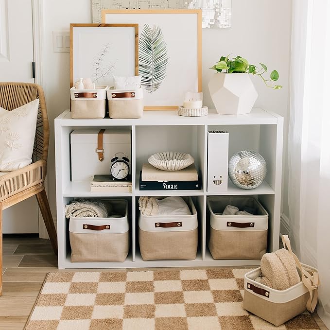 OrganiHaus Large Fabric Storage Baskets for Shelves 3 Pack, 15x11in Closet Storage Bins for Shelves, Cloth Baskets for Organizing, Linen Closet Organizers, Fabric Basket, Beige/White-NeatNest