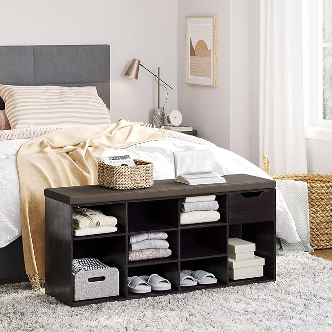 DINZI LVJ Shoe Bench, Entryway Storage Bench with Drawer and 11 Cubbies, Cubby Shoe Rack with Adjustable Shelves, Shoe Organizer Cabinet for Living Room, Bedroom, Mudroom, Closet and Garage, Espresso-NeatNest