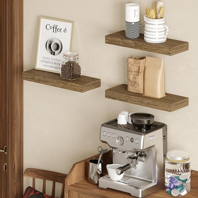 BAMEOS Floating Shelves, 16x6 Wall Mounted Wooden Shelves with Invisible Brackets Set of 3, Hanging Wall Shelves Decoration for Bedroom, Bathroom, Living Room and Kitchen-NeatNest