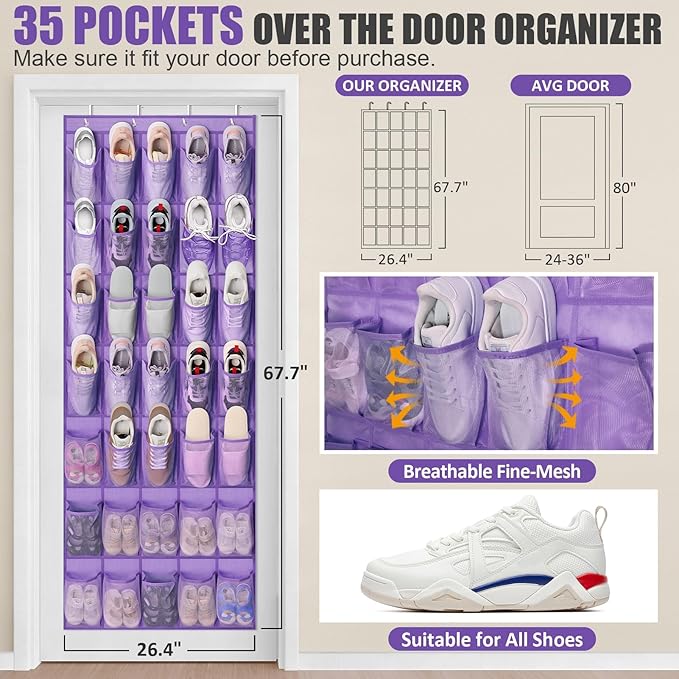 Tiblue Over The Door Shoe Organizer - 35 Mesh Pockets, Hanging Shoe Rack & Holder For Sneakers, Women's High Heels, Lavender-NeatNest