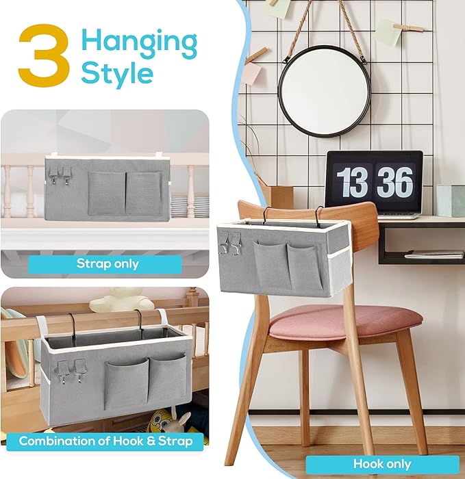 2pcs Bedside Caddy Hanging Storage Bag, Water Cup Holders, Organizer Baskets with Pockets for Bunk Bed Shelf, Hospital Beds, Loft & Dorm Rooms Accessories (Bedside bag-Grey)-NeatNest
