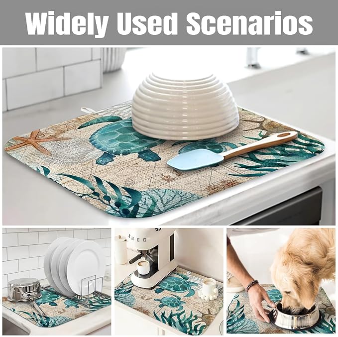 Dish Drying Mat for Kitchen Counter Large 16" x 18" Seaturtle Absorbent Microfiber Dishes Drainer Rack Mats Pad Reusable Washable