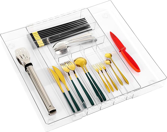 IEEK Utensil Organizer for Kitchen Drawers Expandable Flatware Organizer Utensil Tray Adjustable Cutlery Silverware Holder,Kitchen Drawer Organizer Tray for Knives,Forks,Spoons,Chopsticks,Clear-L-NeatNest