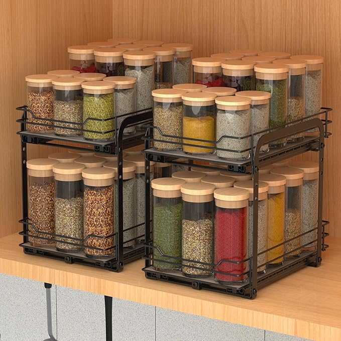 2-Tier Spice Rack, Pull Out Spice Racks Organizer for Cabinet, Height Adjustable Heavy Duty Metal Basket for Inside Cabinets & Pantry Closet (7.5''Wx10.5''Dx9.5''H)-NeatNest