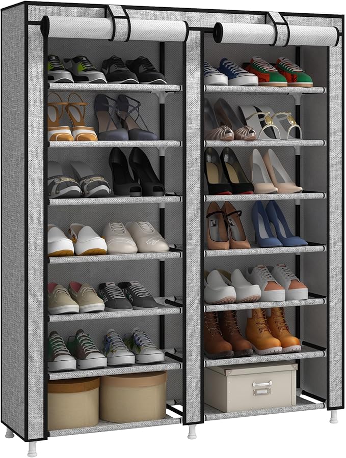 JIUYOTREE 7-Tier Shoe Rack Storage Organizer with Dustproof Cover Closet Cabinet Shelf Holds up to 28 Pairs for Doorway Corridor Balcony Living Room Ash Gray-NeatNest
