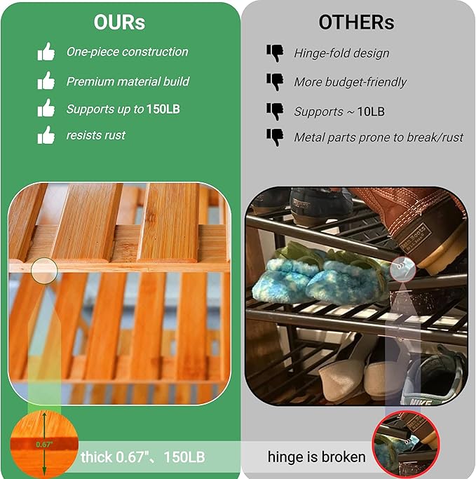 GOGOGO Bamboo Entryway Shoe Rack & Luggage Stand - 150lb Heavy Duty, 12.8” Extra-Deep Shelves, No-Tool Assembly, Modular 3-Tier Shoe Organizer(Natural, 9.0" H(3 Tier))-NeatNest