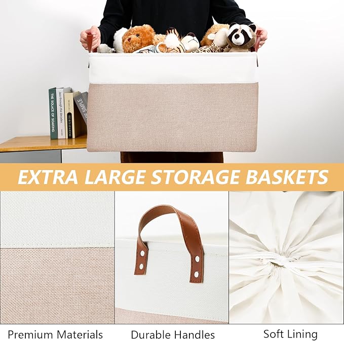 DULLEMELO 70L Extra Large Storage Bin, 22" x 15" x 13" Oversized Storage Basket, Collapsible Storage Box, Fabric Clothes Toys Blanket Basket for Shelves, Laundry, Nursery (White&Khaki)-NeatNest