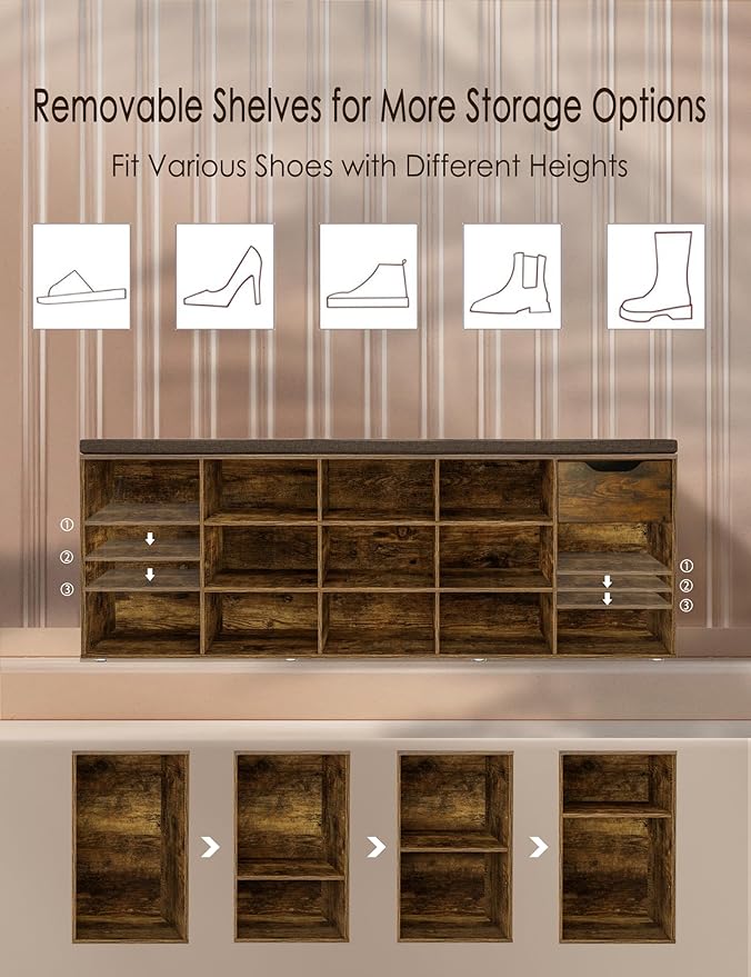 DINZI LVJ Shoe Bench, Entryway Storage Bench with Drawer and 14 Cubbies, Long Cubby Shoe Rack with Adjustable Shelves, Shoe Organizer for Living Room, Bedroom, Mudroom, Garage, Rustic Brown-NeatNest