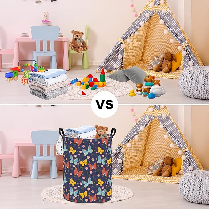 FANKANG Storage Basket, Nursery Hamper Canvas Laundry Basket Foldable with Waterproof PE Coating Large Storage Baskets for Kids Boys and Girls, Office, Bedroom, Clothes,Toys(Colorful Butterfly)