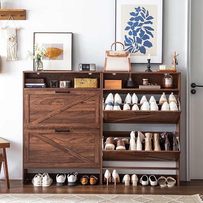 Shoe Storage Cabinet with 2 Flip Drawers,Farmhouse Narrow Shoe Organizer with Legs,Freestanding Hidden Slim Shoe Rack Cabinet with Open Storage for Entryway,Hallway, Foyer, Rustic Brown-NeatNest
