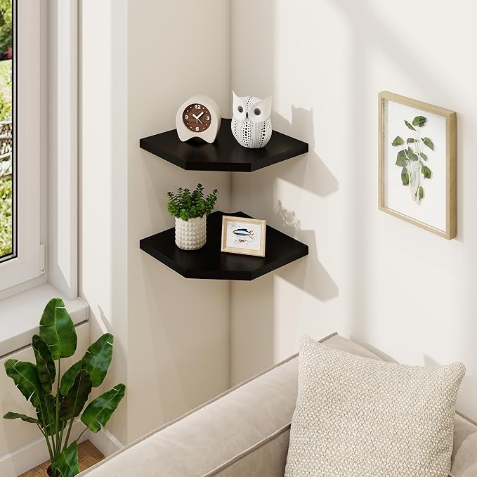 Fun Memories Corner Shelf Wall Mount, Solid Oak Wood Floating Corner Shelves with Cable Hole, 10in Rustic Design for Bedroom, Bathroom, Kitchen, Living Room (Black, 1 Pack)-NeatNest