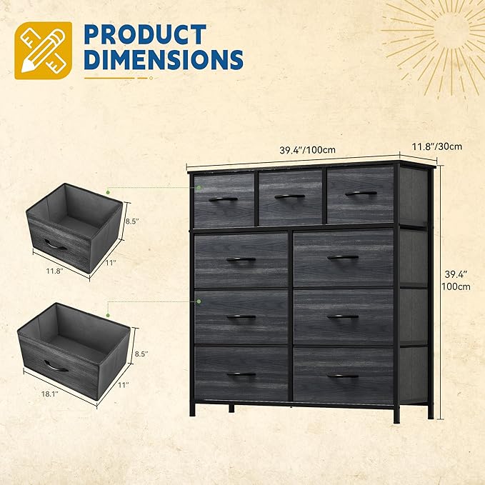 DWVO Dresser with 9 Drawers - Fabric Storage Tower, Organizer Unit for Living Room, Hallway - Sturdy Steel Frame, Wooden Top & Easy Pull Fabric Bins-NeatNest