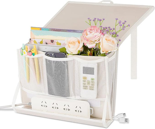 Bedside Caddy Bedside Storage Organizer Bedside Organizer with Power Strip Holder and 2 Adjustable Straps for Home Bunk Bed College Dorm Sofa (White)-NeatNest