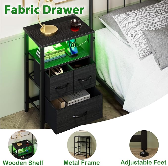 Furnulem Tall Night Stand with Charging Station and Led Light, Small Dresser with Open Shelf and 4 Storage Drawers, Black Side Table Fabric Nightstand for Bedroom, Entryway, Bedside Furniture