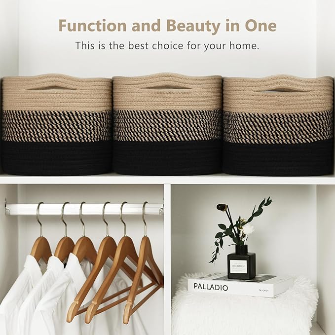 Cotton Rope Storage Basket, 15x10x9 Inches, Woven Basket for Shelves, Clothes, Toys, Towels, Books, and Laundry, Durable and Stylish, Gradient Black/Brown (2 Pack)-NeatNest