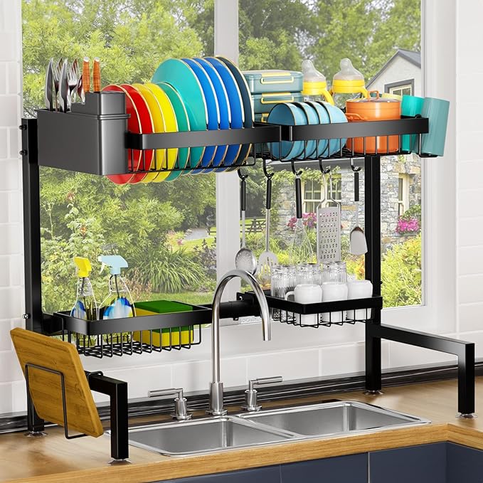 YKLSLH 4 Baskets Over The Sink Dish Drying Rack, Extendable Large Capacity Sink Rack, Metal Drying Rack Saving Space,for Most Sinks (24.8 "-35.4")