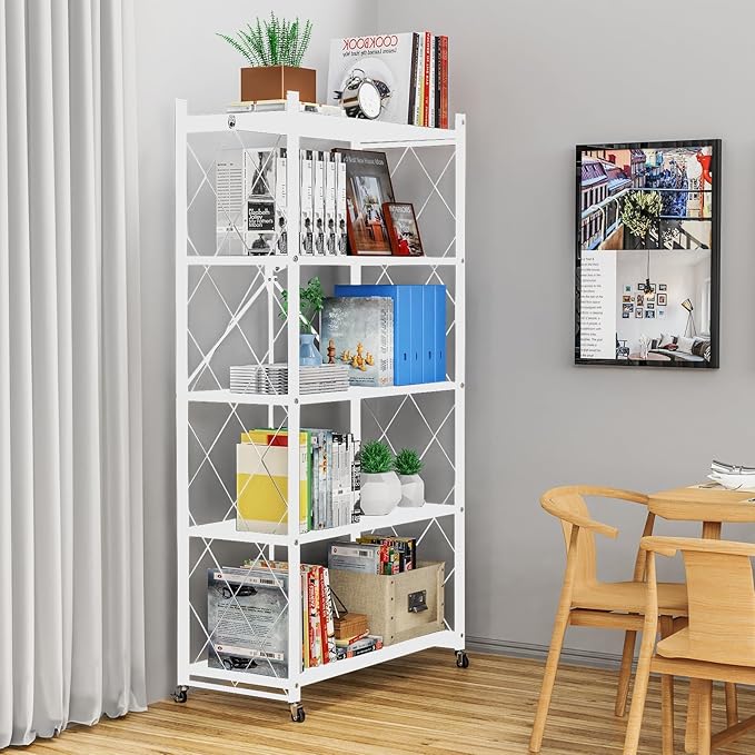 5-Tier Foldable Storage Shelf with Wheels – Heavy Duty Metal Collapsible Rolling Cart for, Closet, Office & Garage Storage Shelves Organization, No-Assembly Storage Shelf– White Metal Shelf