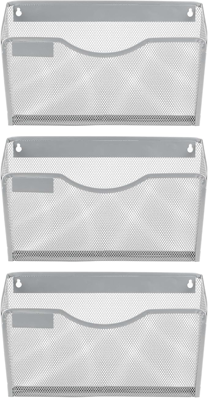 EasyPAG 3 Pack Wall File Holder with Label Panel, Single Mesh Hanging File Organizer for A4 Letter Size Paper, Wall Mount Paperwork Basket for Office, Home, School, Silver