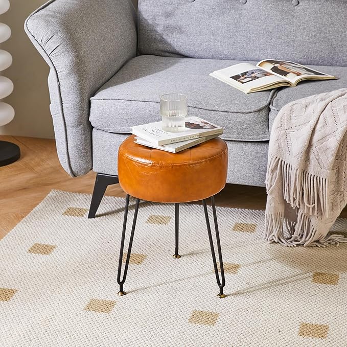 IBUYKE Faux Leather Round Footrest, Makeup Vanity Stool Side Table, PU Dressing Table Seat, Pouf Couch Stool, Golden Steel Legs, Light Brown LG-31J